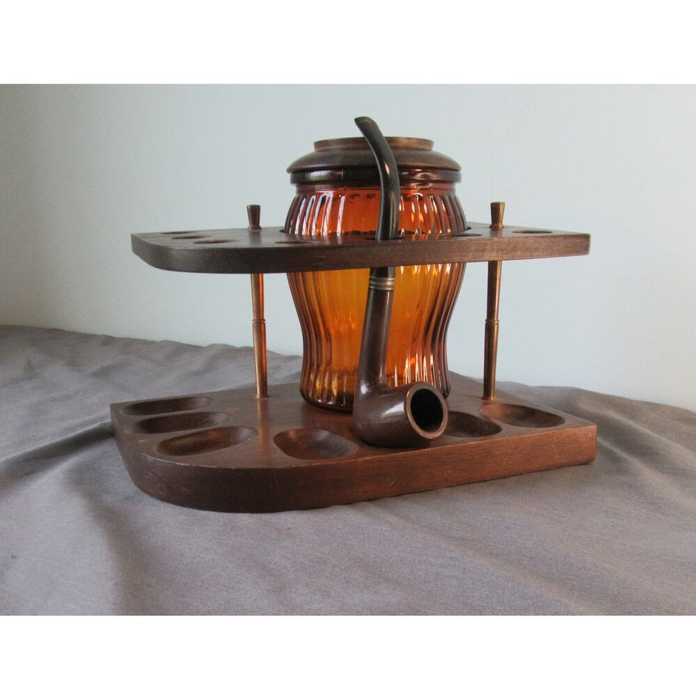Vintage Amber Duraglass Humidor w/ Lid and Wood Tobacco 7 Pipe Holder w/ Pipe
